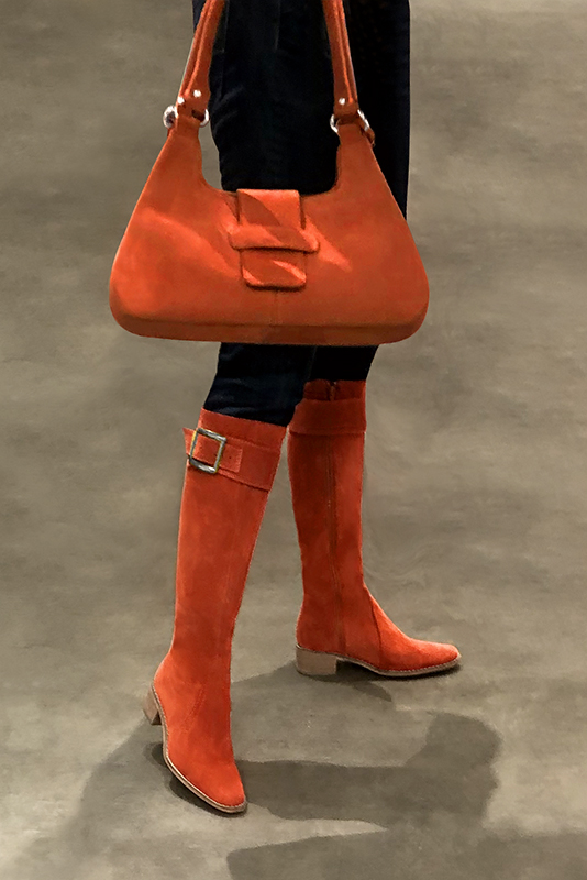 Clementine orange women's riding knee-high boots. Round toe. Low leather soles. Made to measure. Worn view - Florence KOOIJMAN